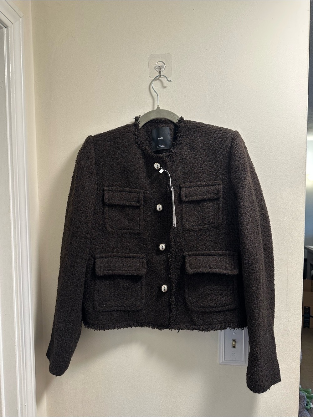 MANGO Tweed Brown Jacket Frayed Edges